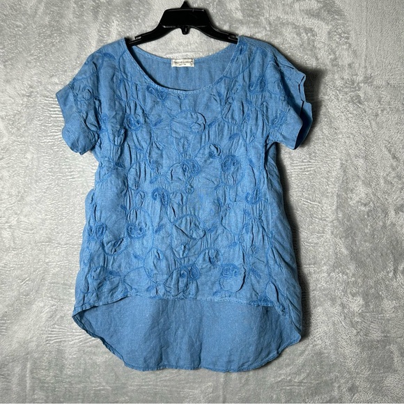 Terzo Millennio Tops - Terzo Millennio Linen Top Womens Small Blue Embroidered‎ Hi Lo Hem Tunic Italy
